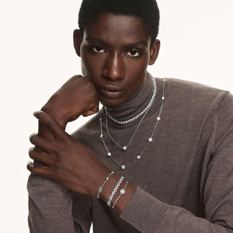 Una Angelic Tennis necklace Round cut, Blue, Rhodium plated